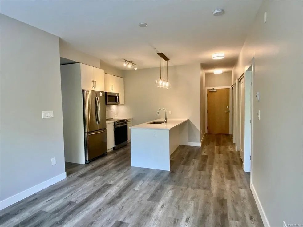 Modern condo kitchen with quartz and LVT flooring